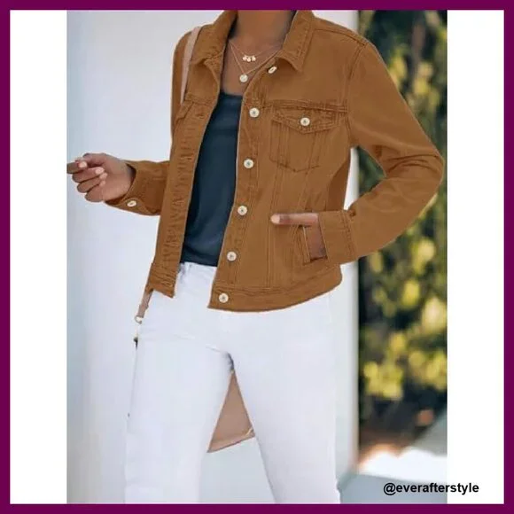 Stretch Fitted Denim Jacket Long Sleeve Button Down Classic Chic Y2K - Picture 3 of 8